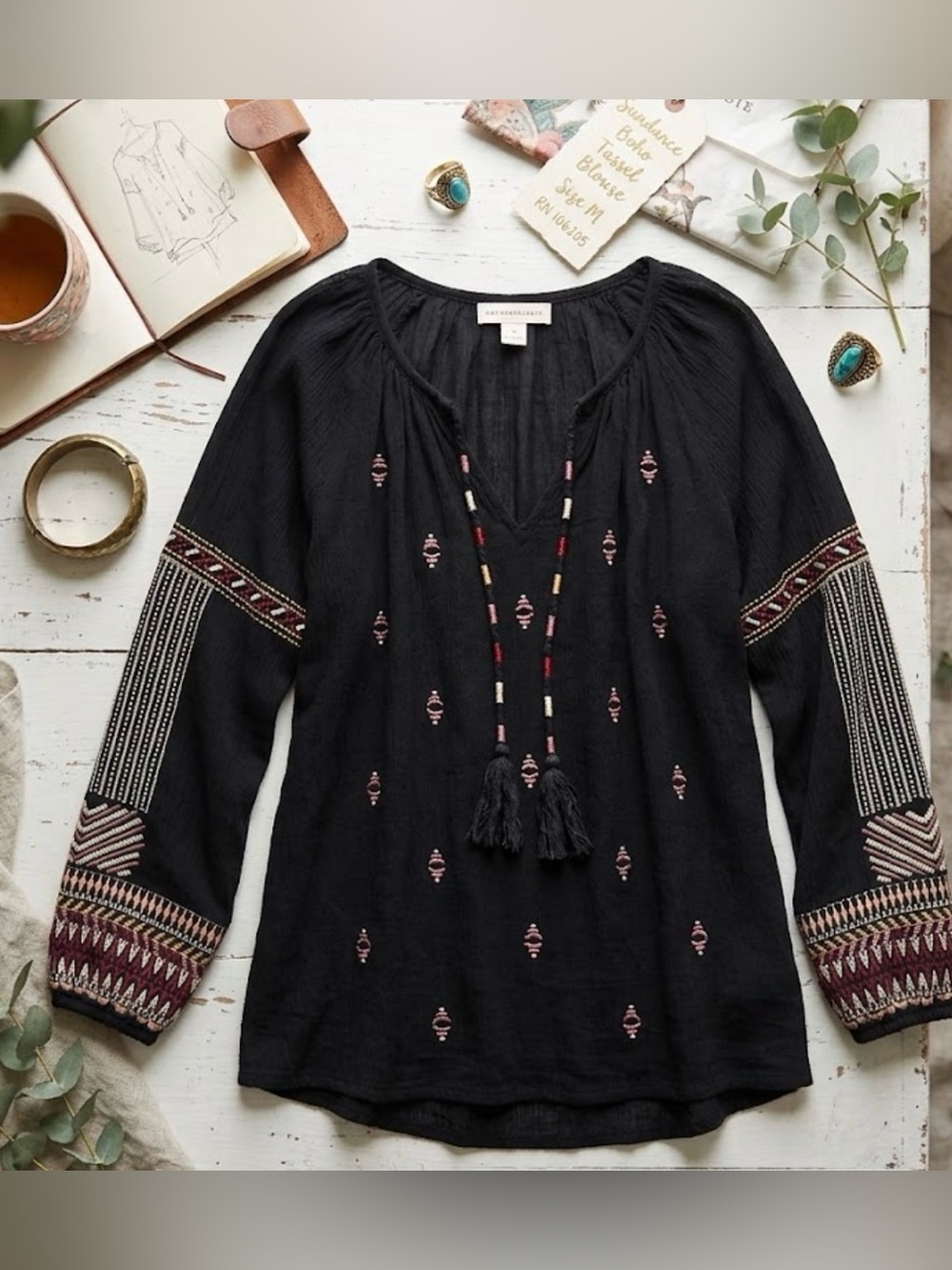 Sundance Gisele Geo Black Embroidered 100% Rayon Tassel Peasant Boho Top size M